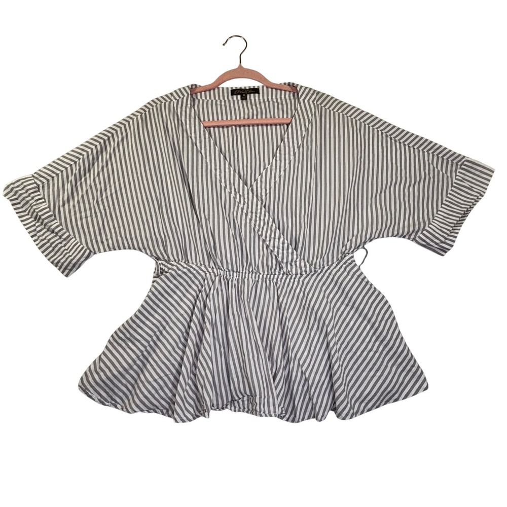 Petal Raz Striped Peplum Wrap Blouse Flutter Short Sleeve V-Neck Top Medium